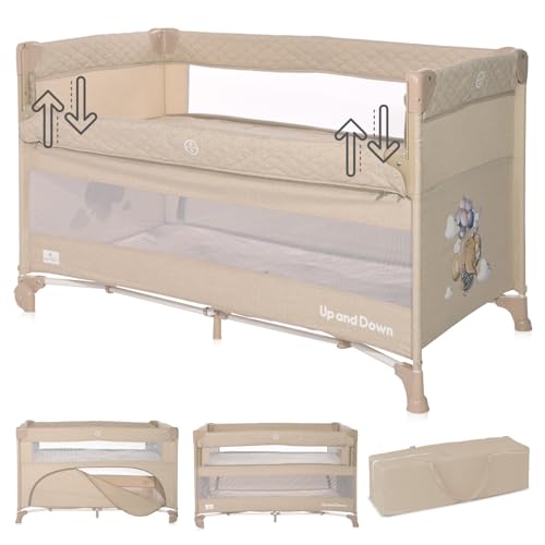 Lorelli 3 in 1 Babybett, Beistellbett und Laufstall Up and Down, Kinderbett mit 2 Ebenen, Seiteneingang und Faltbarer Seitenwand, Baby Reisebett, beige