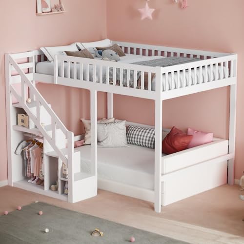 Kinder Etagenbett 90x200cm,Etagenbett Kinder Holz Hochbett Mit Stauraum Stockbett Für 2 Kinder90x200 Hochbett mit Treppe Kinderbett Jugendbett Mit Rausfallschutz,keine Matratze (Weiß, 90x200cm)