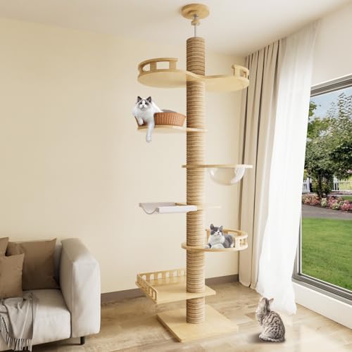 Romiromi Kratzbaum,7 Etagen 250-260cm Höhenverstellbar Kratzbaum Deckenhoch,mit 6 Plattformen,Transparente Raumkapsel, Katzenkäfig und Gemütlicher Hängematte