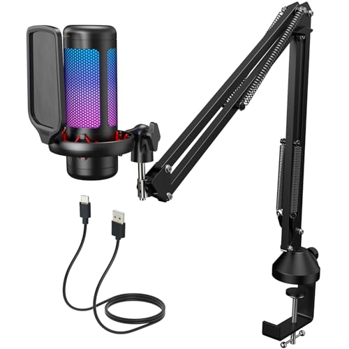 TONOR Gaming Mikrofon PC, USB Microphone für Computer PS4/5, Kondensatormikro mit RGB-Modi & Helligkeit einstellbar, Stummschaltung, Mic für Streaming, Mikrofonarm, Schwarz, TC310+