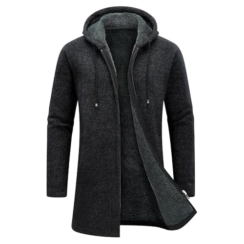 KUDORO Strickjacke Herren Cardigan Lang Trachtenjacke Kapuze mit Kapuze Gestrickt Wintermantel Pullover Hoodie Sweatjacke Feinstrick Winterjacke Fleecejacke(Schwarz,S)