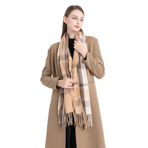 Damen Karierter Pashmina Schal – Weicher, Warmer Winterschal mit Quasten Oversize Plaid Stola & Kuscheliger Wrap für Herbst & Winter, Elegantes Geschenk für Frauen (Kamel)