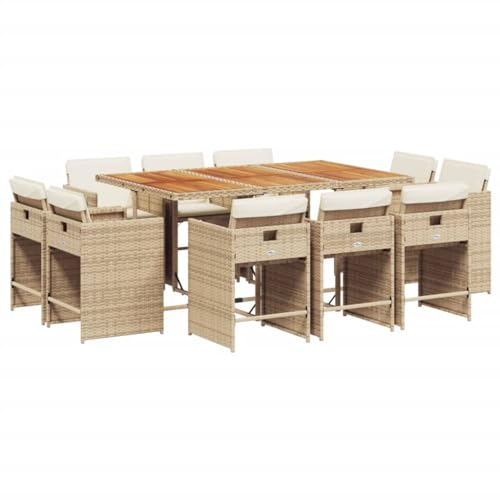 vidaXL Garten Essgruppe 11-TLG., Gartenm?Bel Set Tisch mit Holzplatte 10 Stühle, Gartengarnitur mit Kissen, Sitzgruppe Terrasse, Beige Poly Rattan