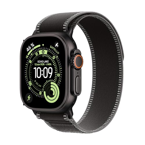 Apple Watch Ultra 3 GPS + Cellular 49 mm Premium Smartwatch für Lauftraining und Kombinationssport mit robustem Titangehäuse in Schwarz und Trail Loop in Schwarz/Kohlegrau (M/L)