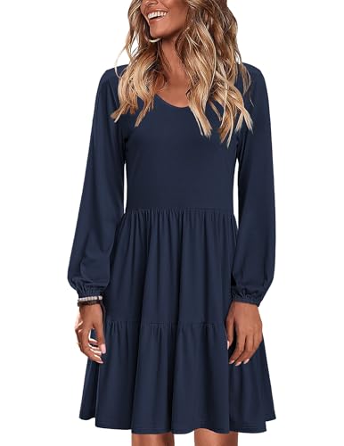 Zeagoo Damen Kleider Langarm Herbstkleid A Linie Hohe Taille Winter Kleid Rundhalsausschnitt Elegante Winterkleider Navy Blue XL