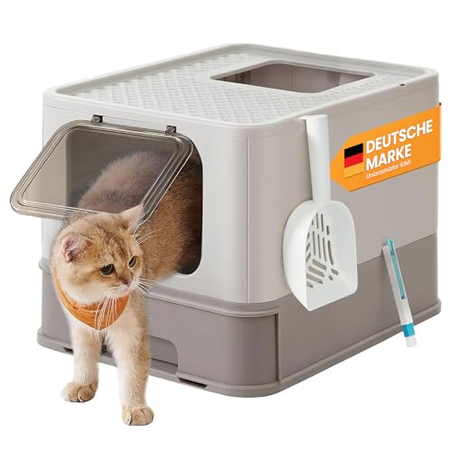 Feandrea Katzenklo, Katzentoilette, mit Deckel, ausziehbares Tablett, Schaufel, Bürste, für Katzen bis 15 kg, weniger Spuren, auslaufsicherer Boden, haferflockenfarben-warmgrau PPT001G01