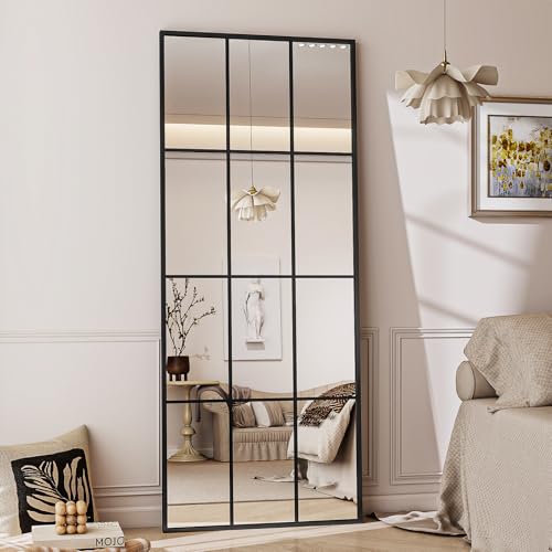 Koonmi 60x165 cm Fensterscheibe Ganzkörperspiegel - rechteckige Raster-Designed Dekorative Vollkörper Wandspiegel mit Metallrahmen hängend Schrägung für den Eingang, Wohnzimmer Dekoration, Schwarz