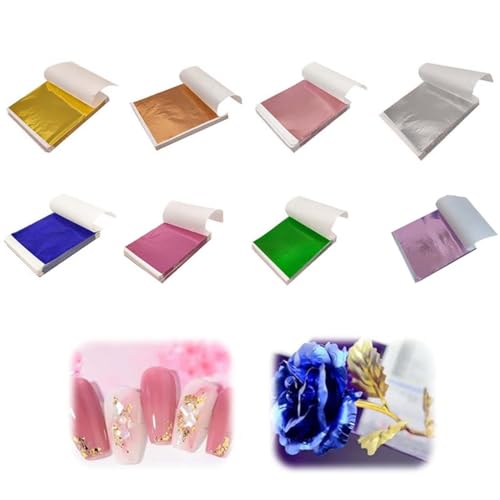 EYVRPAU 80 Blatt imitierte Goldfolie, Metallfolie zum Basteln, Vergolden, Malen, Nagelkunst, Dekorieren von Möbeln und Heimwerken (8 Farben mehrfarbig)