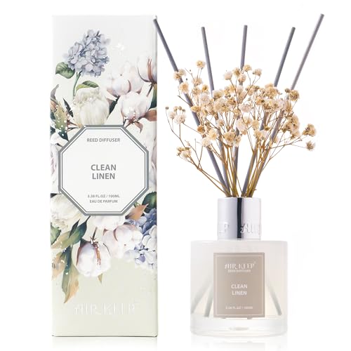 Airkeep Raumduft Clean Linen Duft, Reed Diffuser mit 8 Duftstäbchen, Lufterfrischer für Badezimmer, Wohnung, Heimdekoration, 100ml