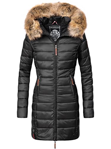 MARIKOO Damen Wintermantel warmer Steppmantel lang mit Kapuze und abnehmbarem Kunstfell-Kragen Rose Schwarz Gr. M