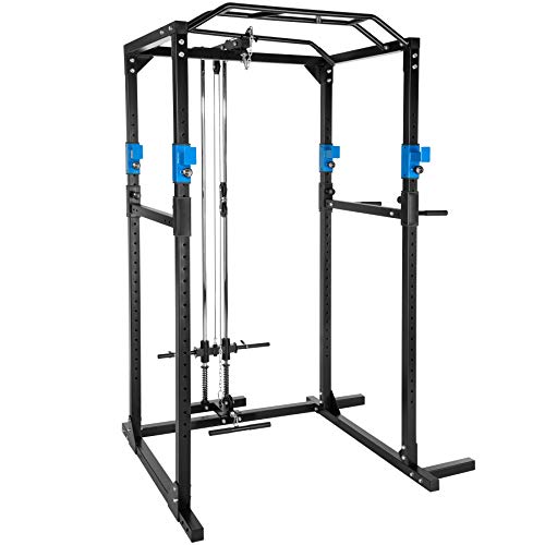 tectake® Kraftstation, mit Latzugmaschine, Fitnessstation, Power Rack, Power Cage, Klimmzugstange, Kraftraining, Home Gym, Trainingsgerät, Fitnesssgerät - schwarz/blau