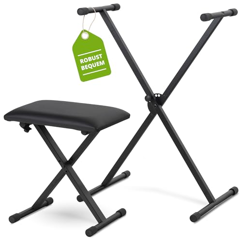 Classic Cantabile Keyboard-Set - X-Keyboardständer 5-Fach höhenverstellbar - gepolsterte Keyboardbank 3-Fach höhenverstellbar – Stabiler, klappbarer Ständer und komfortabler Klavierhocker - schwarz