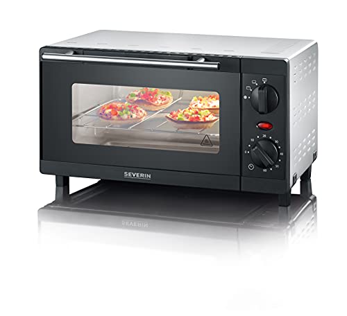 SEVERIN Mini Back- und Toastofen, kompakter Backofen inkl. Grillrost und Backblech, mit Ober- und Unterhitze, 800W, 9 L, silber /schwarz, TO 2052