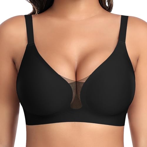 BH Damen Ohne Bügel Nahtloser Glatter Weicher BH Modische Spitze Mesh Tiefes V-Ausschnitt Bequemer BHS Gepolsterter BHS Bustier Bügellos Soft Bra Seamless Bralette T-Shirt (Schwarz, L)