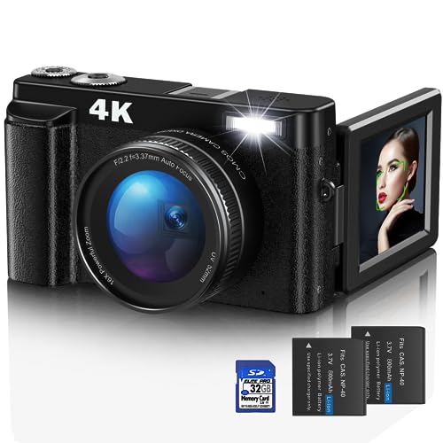 Digitalkamera,4K UHD Fotokamera Autofokus mit 32G Karte, 48MP Vlogging Kamera mit 180° Flip-Bildschirm und UV Linse,Kompaktkamera für Teenager Anfänger Erwachsene - Schwarz