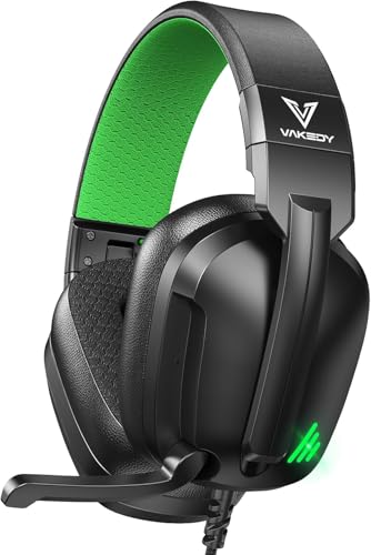 Vakedy Gaming Headset für PS4,PS5,PC,Xbox,Switch,Gaming Kopfhörer mit Mikrofon,High-Definition Kopfhörer mit Geräuschunterdrückung und 3,5 mm Buchse Inline-Bedienelementen - Schwarz/Grün