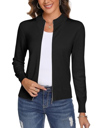 Aottori Strickjacken für Damen mit Reißverschluss Kurz Strickjacke Cardigan Langarm Stehkragen Elegant Trachtenjacke Pullover Einfarbig Strickmantel Jacke Outerwear Schwarz M