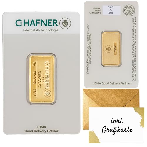 Gold verschenken – Goldbarren 5g C.Hafner - inkl. Geschenkverpackung, Grußkarte und Echtheitsgarantie