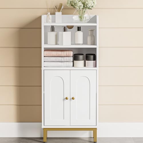 Hzuaneri Badezimmerschrank, Badschrank, Küchenschrank mit 2 offenen Fächern, 2 Türen, 2 verstellbaren Einlegeböden, Freistehender Badezimmer, 20 × 37 × 83 cm, Weiß BC48213G