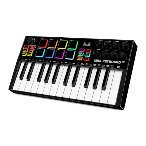 TERENCE MIDI Keyboard Controller mit 25 Tasten Professionell 500mAh 8 RGB-Pads 360° Drehknopf ohne Ende 8 Zuweisbare Drehknöpfe OLED-Display Kompatibel mit Mehreren DAWs und Geräten
