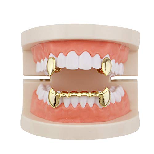 Grillz Set mit 2 einzelnen Zähnen und 6 Untergrills, 18 Karat vergoldet, Messing