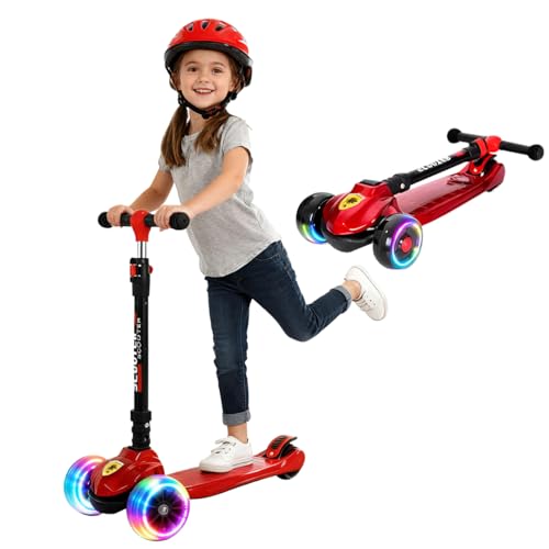 Roller Kinder 3 Jahre+, Faltbarer Tretroller mit verbreiterter Standfläche, Tragkraft bis 100 kg, höhenverstellbar für Jungen und Mädchen ab 3 Jahren(Rot)