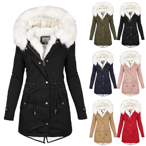 Generisch Winterjacke Damen-Jacken Winter Parka Gefüttert Wintermantel Große Größen Warm Fell Fleece Plüschjacke Elegant Dicke Damenjacke mit Taille Kordelzug (XXXL)