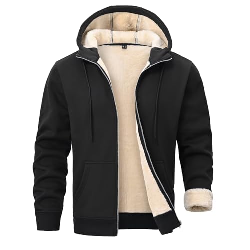 PrimeCrest Hoodie Herren Fleecejacke Kapuzenjacke Kapuzenpullover Pullover Winterjacke Sweatjacke Winter Zip Fleece Sherpa Hoody Männer Warm Baumwolle Jacke Gefüttert Solid Thermo Hoodies Schwarz L