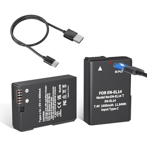LP EN-EL14 EN-EL14a Akku 1600mAh 2er Pack mit USB-C Schnellladekabel für Nikon D3100 D3200 D3300 D3400 D3500 D5100 D5200 D5300 D5500 D5600 DF Coolpix P7 000 Pp 7100 P7700 P7800 Kameras