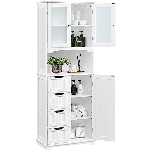 Yaheetech Badezimmerschrank Hochschrank Badschrank Küchenschrank mit Glastüren & Ablagefach Aufbewahrungsschrank Badkommode mit 4 Schubladen und verstellbarem Einlegeboden, 63x30x165,5 cm