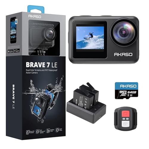 AKASO Brave 7 LE Action Cam 4K30FPS 20MP mit U3 64GB Speicherkarte Unterwasserkamera IPX7 Wasserdicht EIS 2.0 Dual Screen 40m WiFi