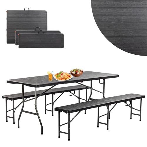DIVID® Bierzeltgarnitur 3-teilges Set|Tisch + 2 Bänke|Für drinnen und draußen|klappbar mit Tragegriffe|HxBxT: 73x180x75cm|Gartentisch (DIV-200/WOOD Set)