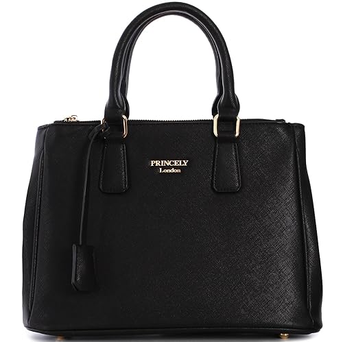 Princely London Damen Handtasche Victoria Schwarz - Elegante Mittelgroße Tasche zum Umhängen mit Reißverschluss - Hochwertiges Kunstleder - Stilvoller Begleiter für Büro und Freizeit