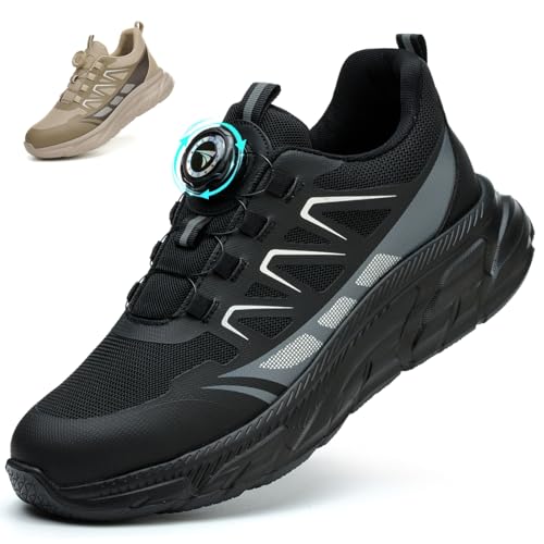 RASEARY Sicherheitsschuhe Arbeitsschuhe Herren Damen Bequem Stahlkappenschuhe Leicht Atmungsaktiv Industrielle Arbeitsschuhe mit Drehschnallen Schnürsenkeln,Schwarz EU 43