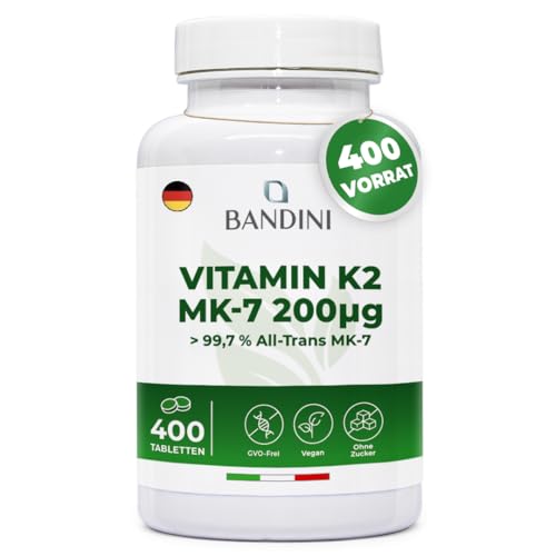 Bandini® Vitamin K2 MK-7 200µg (mcg) VEGAN | 400 Mikrotabletten | K2 rein natürliches Menachinon 7 | All-trans Gehalt  src=