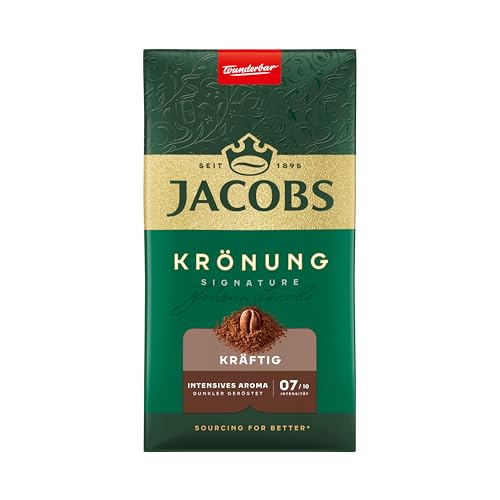 Jacobs Filterkaffee Krönung Kräftig, dunkle Röstung, Kaffee gemahlen, geröstet in Deutschland, ideal für Filterkaffeemaschine & French Press, Intensität 7/10, 500 g