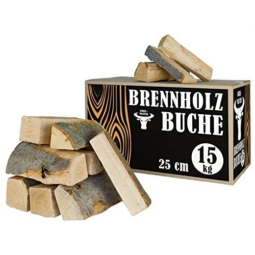 Buche Brennholz Kaminholz 15-90 kg für Kamin und Ofen Kaminofen Feuerschale Grill Feuerholz Holz Buchenholz Holzscheite Wood 25 cm Kammergetrocknet Grillmaster, Menge:15 kg