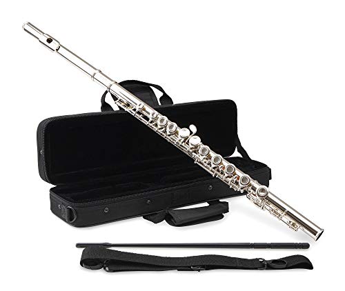 Classic Cantabile FL-100 Querflöte (Tolles Einsteigerinstrument, komplett aus vernickeltem Neusilber, geschlossene Klappen, E-Mechanik, vorgezogenes G, C-Stimmung, inkl. Etui, Zubehör) Silbern