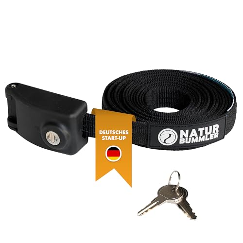 Naturbummler Abschließbarer Spanngurt [4 m] – sicherer Zurrgurt mit eingearbeitetem Stahlseil, Schloss & Schlüssel – robustes Befestigungsband für Dachbox, Dachzelt, Motorrad & Fahrrad (Schwarz)
