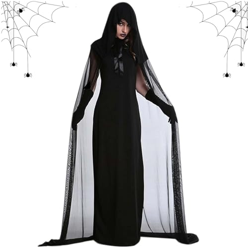 Halloween Kostüm Damen Geister,Geisterbraut Königin Kostüm,Umhang mit Kapuze,Halloween Umhang Kostüm,Erwachsene Umhang,Horror Lange Vampir Kleid Hexen Schwarze Robe für Fasching Karneval Kostüm