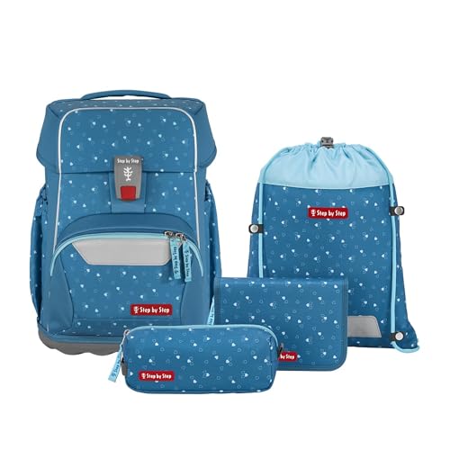 Step by Step Basis Schulranzen-Set „Blue Hearts“, 4-teilig, blau, ergonomischer Tornister mit Reflektoren, Hüft- und Brustgurt, für Kinder ab der 1. Klasse, 20 Liter
