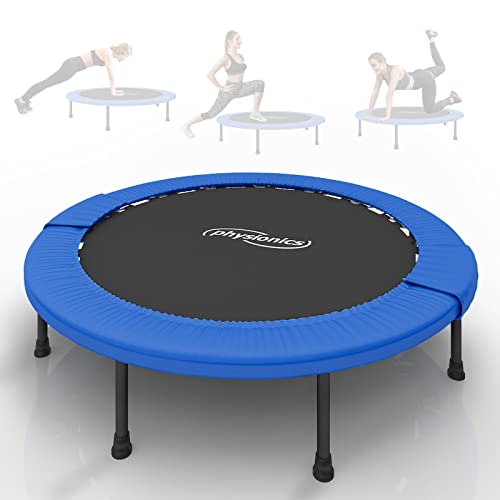 Physionics® Mini Trampolin - Klappbar, Ø81/91/96/102/114/122cm, bis 100 kg, Schwarz-Blau - Minitrampolin, Indoor und Outdoor Bodentrampolin für Erwachsene, Fitness, Sport, Jumping