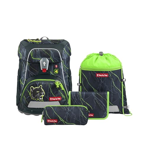 Step by Step Schulranzen-Set FIT „Danger Cat Chiko“ 5-teilig, grau-grün, Panther-Design, ergonomischer Tornister mit Reflektoren, höhenverstellbar mit Hüftgurt für Jungen ab der 1. Klasse, 19L