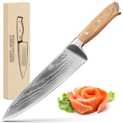 Moritz & Moritz Damastmesser 20 cm - Profi Kochmesser aus 67 Lagen Damaststahl - Scharfes Küchenmesser - Japanisches Chefmesser - Ergonomischer Griff aus Akazienholz - Damaskus Messer Stahl