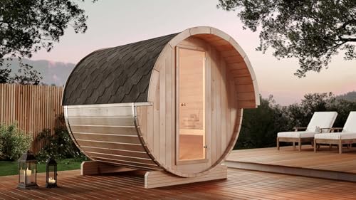 FinnTherm Fasssauna Saunafass Außensauna Samantha 2 Sitzbänke aus Holz Wandstärke 42 mm