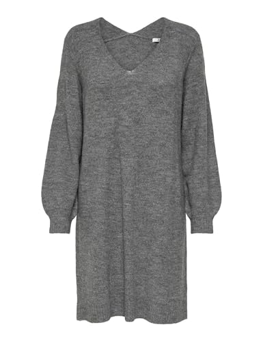 JDY Damen Langarm Strickkleid Regular Fit Midi Pullover Dress V-Ausschnitt Shirt Knielang JDYELANORA, Farben:Dunkelgrau, Größe:L