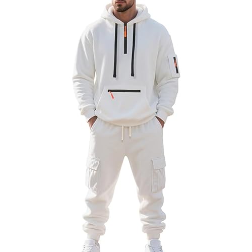 MEDUOLA Herren Kapuzenpullover und Hose 2-teiliges Set, Y2K Street Style Hoodie und Jogginghose Set, Herren pullover mit Taschen Trainingsanzüge L,Weiß