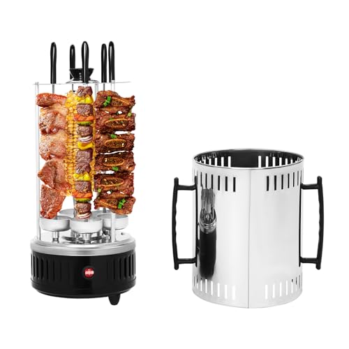 Qussse 1000W Vertikaler Elektrogrill, Schaschlikgrill Tischgrill Dönergrill mit 5 Spieße Kebab BBQ Elektrischer Grill, für Zuhause Freien Picknicks