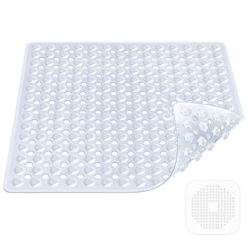 Duschmatte rutschfest,53x53cm,100% BPA frei,inkl 1 Abflusssieb Silikon,Antirutschmatte Dusche,maschinenwaschbar, schimmelresistent,hautsensitiv(Transparent)