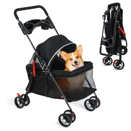 2in1 Hundewagen bis 15 kg, Hundebuggy mit 1 Getränkehaltern, Hundebox Transporttasche Faltbar klappbar mit Feststellbremse, Bollerwagen für Hunde, 48 cm * 68 cm * 95cm (Schwarz)